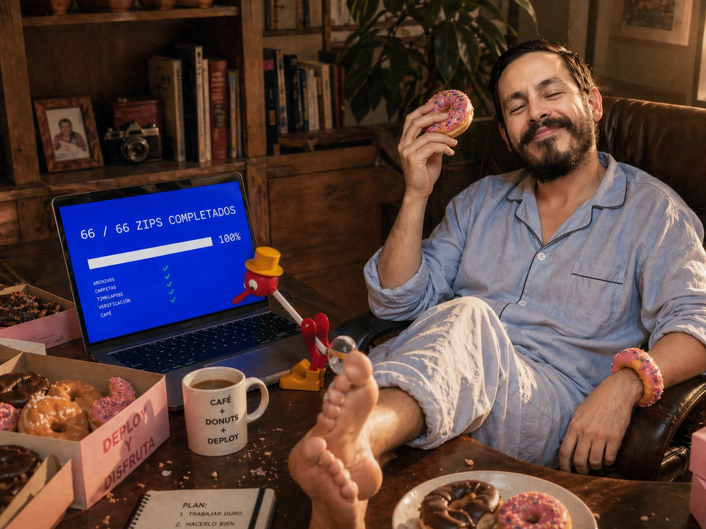 Pablo Paredes frente a una laptop en una escena editorial con café y notas.