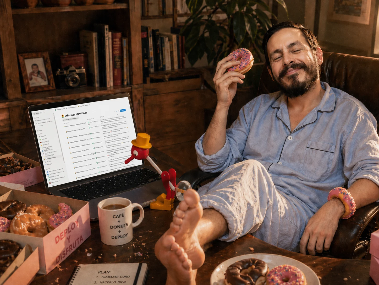 Pablo Paredes en una escena editorial con laptop, café y donas.